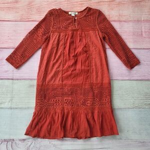 Anthropologie Hiche Burnt Orange 3/4 Sleeve Crochet‎ Boho Shift Dress Size XS
